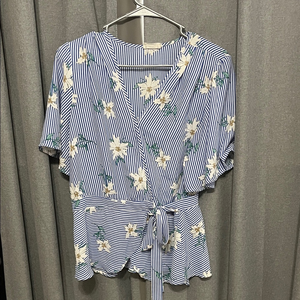 Sienna Sky Blue and White Floral Wrap Blouse